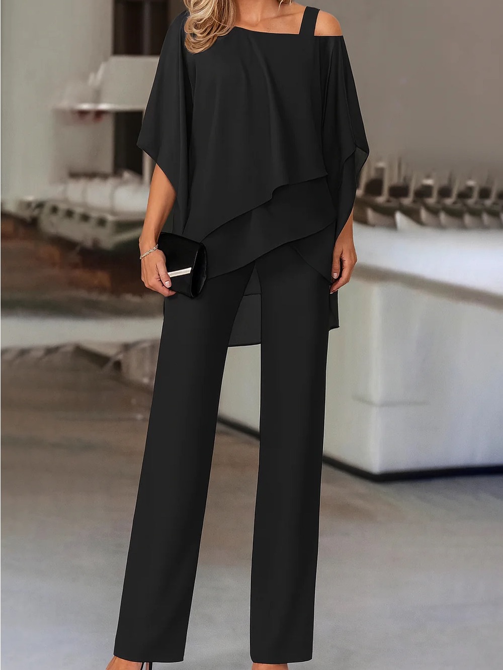 Layered One-Shoulder Shirt and Pants Set